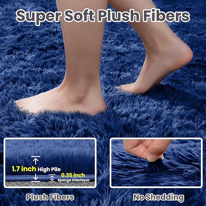 2x6 Bedside Area Rugs for Bedroom: Soft Fluffy Shag Blue Rug for Hallway, Non-Slip Fuzzy Plush Living Room Rug Indoor Floor Carpet for Kids Rooms, Dorm, Nursery, Modern Home Aesthetic Decor