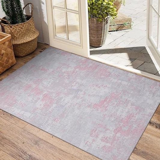ROYHOME Modern Abstract 2x3 Area Rug Non Slip Non Shedding Low Pile Stain Resistant Rug for Entryway Kitchen Bedroom,Grey Pink