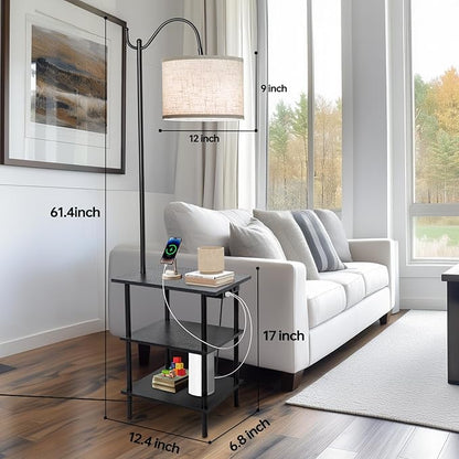 EOEYYOYB Floor Lamp with 3-Tier Shelves, End Table Lamp with USB Charging Port Power Outlet, Side Table Reading Light with 3 Color Temperature Led Bulb Included, Floor Lamps for Living Room, Black
