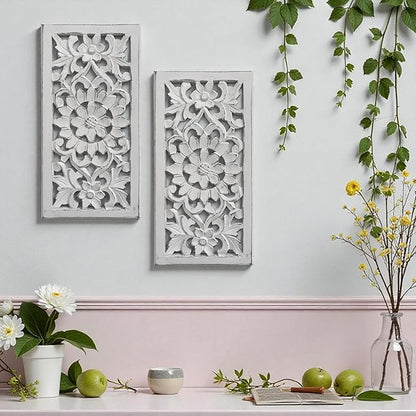 Wood Wall Art - Wall Panels in Handcrafted Carved Wood For Livingroom Bedroom,Dining room,Elegant Decorative Wall Art for Home & Office 8x16" Set of 2 White Antique_Flowers Designs