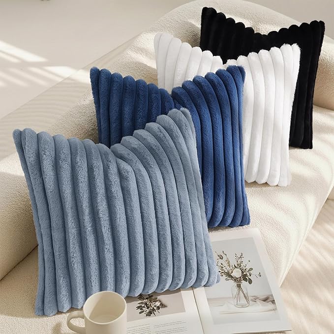 decorUhome Cozy Faux Fur Throw Pillow Covers 22x22 Set of 2 Decorative Soft Plush Striped Modern Farmhouse Boho Couch Euro Sham Pillow Cases with Velvet Back for Sofa Bed Living Room, Grey Blue