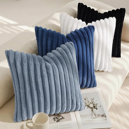 decorUhome Cozy Faux Fur Throw Pillow Covers 24x24 Set of 2 Decorative Soft Plush Striped Modern Farmhouse Boho Couch Euro Sham Pillow Cases with Velvet Back for Sofa Bed Living Room, Grey Blue