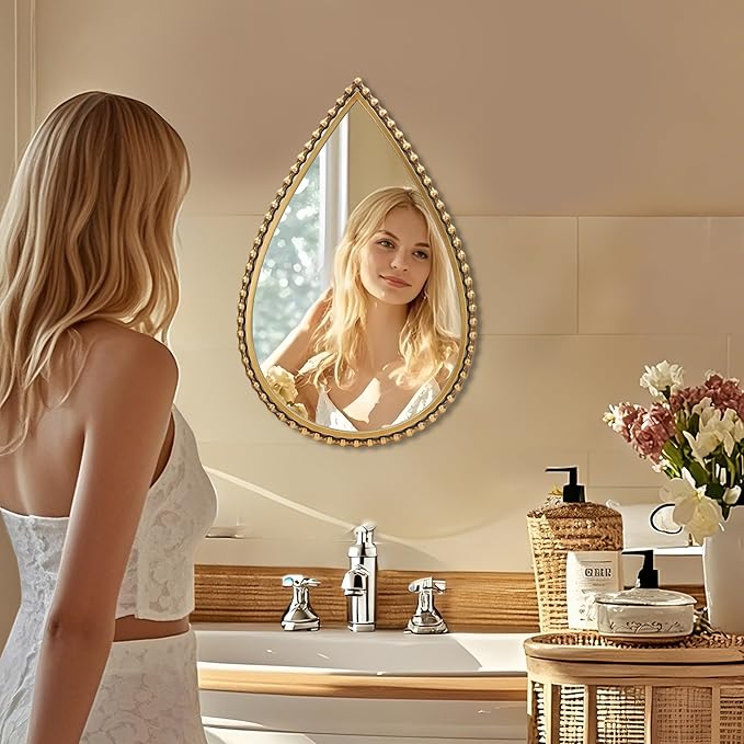 24x36 Inch Large Teardrop Wall Mirror with Bold Antique Gold Beaded Iron Metal Frame, Pointed Arch Vertical Vanity Mirror for Bathroom, Entryway, Bedroom, Living Room Wall Mounted