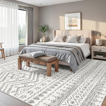 Miukiki 10x14 Area Rugs for Living Room Moroccan Washable Rugs Non Slip Indoor Floor Carpet Foldable Large Soft Area Rug with Low Pile for Dining Room Bedroom Office(Grey,10'x14')