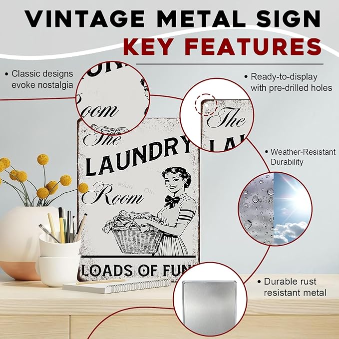 Laundry Vintage Sign Laundry Loads of Fun Metal Sign for Commercial Home Cafes Homes Bars Funny Door Art Wall Decor 12x16inch