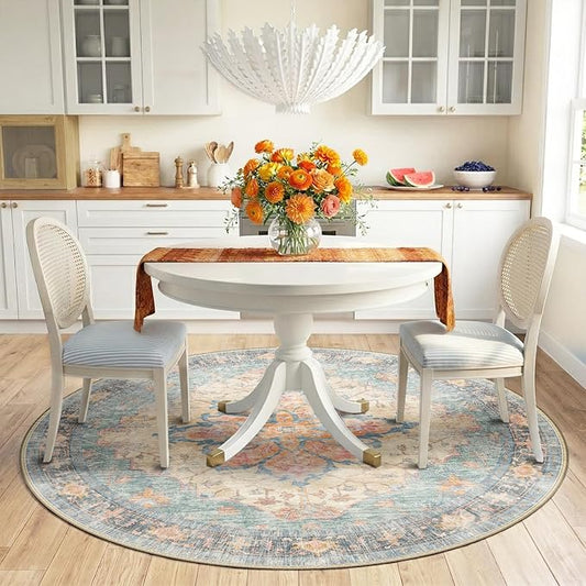 RELEANY Area Rugs Round 6ft Washable Non-Slip, Floral Vintage Distress Print Pattern Medallion Carpet for Living Room Bedroom Dining Room, Blue Orange Red