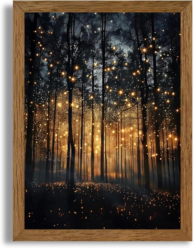 JLTULT Framed Enchanted Forest Firefly Canvas Wall Art, Dark Twilight Landscape Wall Decor, Rustic Botanical Nature Tree Art Prints for Bedroom Living Room Office Decoration 12x16 inch Easy to Hang