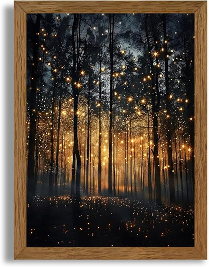 JLTULT Framed Enchanted Forest Firefly Canvas Wall Art, Dark Twilight Landscape Wall Decor, Rustic Botanical Nature Tree Art Prints for Bedroom Living Room Office Decoration 12x16 inch Easy to Hang