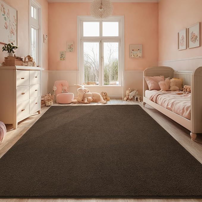 Fluffy 7x10 Feet Area Rug for Living Room, Large Dark Brown Rugs for Bedroom, Modern Low Pile Washable Memory Foam Indoor Carpet, Non Slip Rectangle Carpets for Home Decor