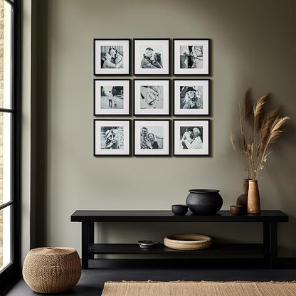 ArtbyHannah Photo Collage Frames for Wall, 12x12 Inch Square Picture Frame for Living Room or Staircase Decoration (Black, 9 Pack)