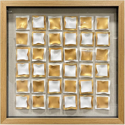 BrightA Gold and White Geometric Wall Sculpture Reflective 3D Textured Panels Brushed Metal Texture with Wave Modern Framed Abstract Art for Bedroom Office Decor 23.6"x23.6"