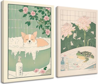 Framed Japanese Bathroom Wall Art Set of 2, Funny Japanese Bathroom Frog Dog Wall Decor, Nature Relaxation Canvas Prints Poster, Minimalist Aesthetic Home Spa Decor Picture 12x16 Inch