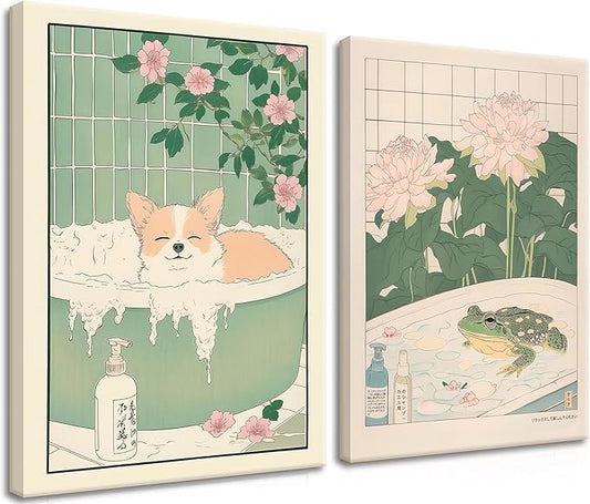 Framed Japanese Bathroom Wall Art Set of 2, Funny Japanese Bathroom Frog Dog Wall Decor, Nature Relaxation Canvas Prints Poster, Minimalist Aesthetic Home Spa Decor Picture 12x16 Inch