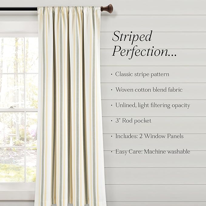 Lush Decor Farmhouse Stripe Yarn Dyed Eco-Friendly Recycled Cotton Window Curtain Panel Pair, 42" W x 95" L, Yellow & Gray - Classic Modern Rustic Charm - Eco Friendly Cotton Fabric