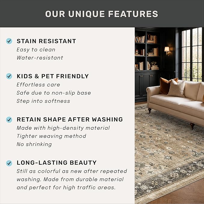 Vintage Boho 2x4 Area Rug for Entryway - Washable Taupe Sage Kitchen Rug for the Floor, Low Pile Non-Slip Rugs for Bathroom, Earthy Geometric Decor & Stain Resistance