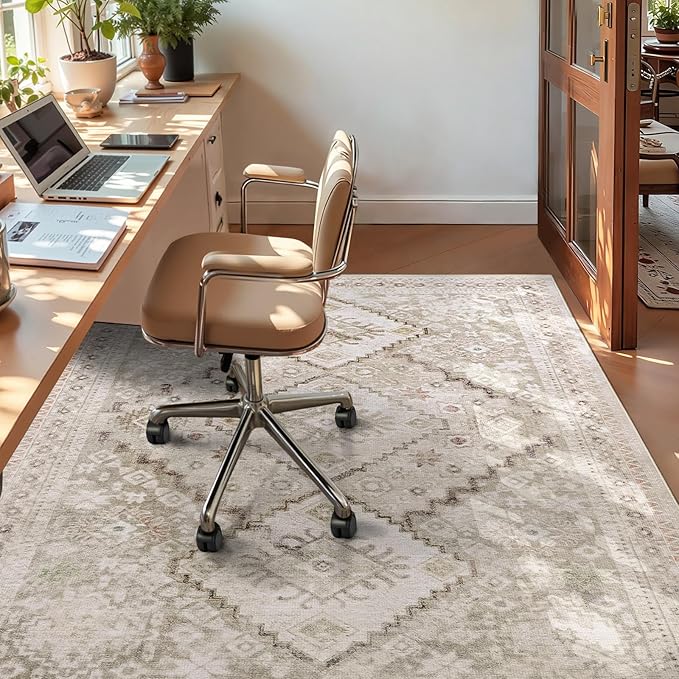 YOH Boho Washable Rug 8x10, Beige Grey Vintage Non Slip Area Rug, Distressed Indoor Carpet for Living Room Bedroom Kitchen Office