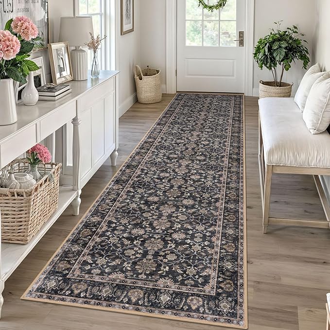 KUTA Vintage Washable Runner Rug, 2.6x10 Brown Runners for Hallways Non-Slip Kitchen Rugs Ultra Thin Soft Printed Distressed Oriental Floral Floor Carpet for Laundry Living Room Nursery
