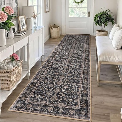 KUTA Vintage Washable Runner Rug, 2.6x10 Brown Runners for Hallways Non-Slip Kitchen Rugs Ultra Thin Soft Printed Distressed Oriental Floral Floor Carpet for Laundry Living Room Nursery