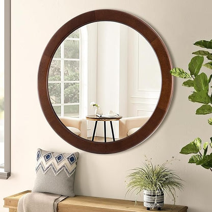 CULER Round Wood Mirror 24 Inch,Circle Mirror with Walnut Frame for Wall,Rustic Decorative Round Wall Mirror for Bathroom Bedroom Entryway（Walnut Brown）