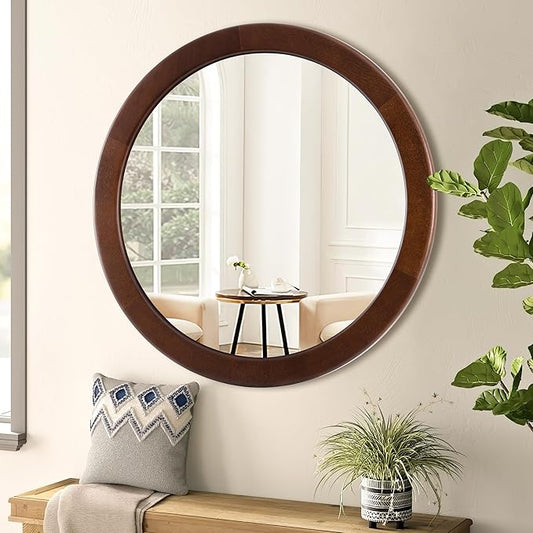 CULER Round Wood Mirror 24 Inch,Circle Mirror with Walnut Frame for Wall,Rustic Decorative Round Wall Mirror for Bathroom Bedroom Entryway（Walnut Brown）