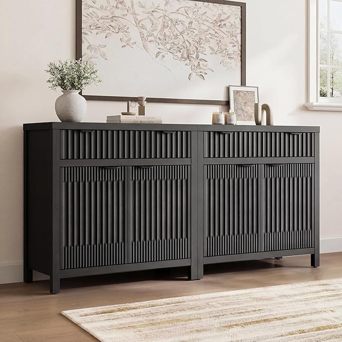 Fatmok Fluted Buffet Cabinet with Storage, 34" Tall Modern Arched Sideboard Cabinet w/AdjustableShelves,Wooden Modular Coffee Bar for Dining Room, Kitchen, Living Room, Entryway, Black