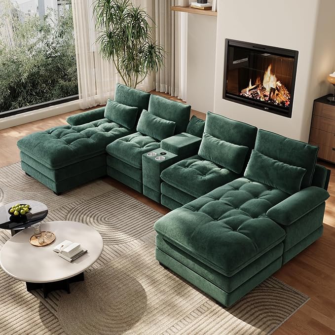 134"U Shaped Sectional Couches for Living Room,Oversized Modular Sectional Fluffy Couch with Chaise Lounge & Tufted Buttons,Modern Chenille 6 Seat Living Room Sofa Set with Storage Console,Green