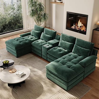134"U Shaped Sectional Couches for Living Room,Oversized Modular Sectional Fluffy Couch with Chaise Lounge & Tufted Buttons,Modern Chenille 6 Seat Living Room Sofa Set with Storage Console,Green