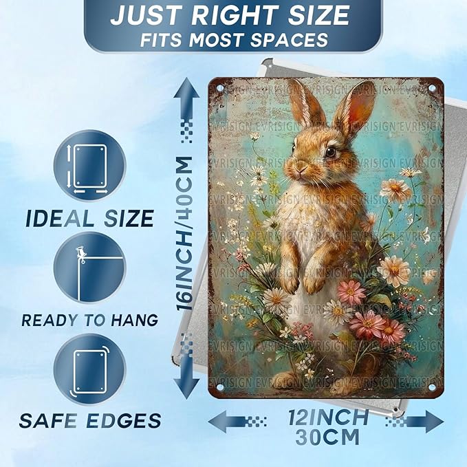 Vintage Easter Decor Farmhouse Rabbit Metal Sign Floral Design Rustic Wall Art For Home Kitchen Cafe Country Style Aluminum Plaque 12x16Inch