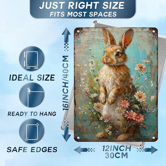Vintage Easter Decor Farmhouse Rabbit Metal Sign Floral Design Rustic Wall Art For Home Kitchen Cafe Country Style Aluminum Plaque 12x16Inch