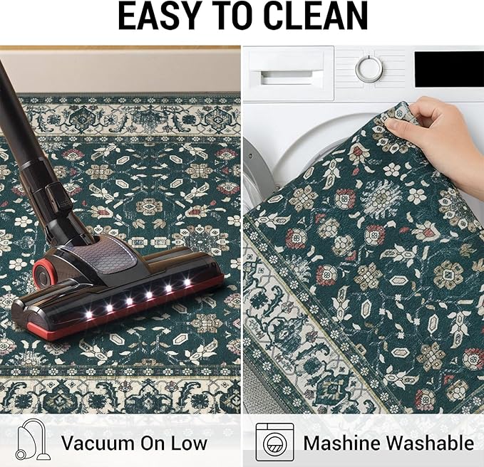 KUTA Vintage 2x3 Rugs for Entryway, Non-Slip Washable Kitchen Rugs & Indoor Door Mat with Floral Print, Green Beige Ultra Thin Soft Low-Pile Throw Rug for Front Door, Bedside, Small Spaces