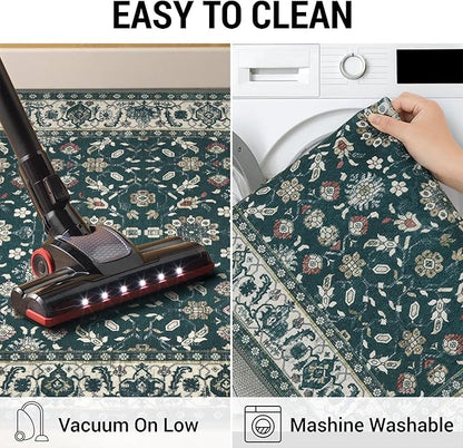 KUTA Vintage 2x3 Rugs for Entryway, Non-Slip Washable Kitchen Rugs & Indoor Door Mat with Floral Print, Green Beige Ultra Thin Soft Low-Pile Throw Rug for Front Door, Bedside, Small Spaces