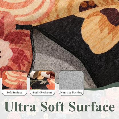 DUKINO Washable Runner Rug, 2x7 Lightweight Soft Floral Hallway Rug Runner with Low Pile Design, Non Shedding & Non Slip Backing Thin Indoor Carpet for Bedroom, Bathroom, Entrance, Kitchen, Black