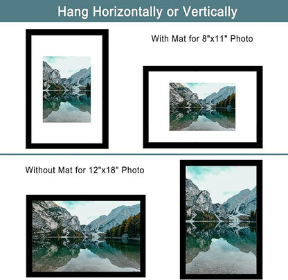 iRahmen 12x18 Picture Frame Set of 2 with Plexiglass, Black Poster Frame Display 8x11 Picture with Mat or 12 x 18 Without Mat, Wood Photo Frame for Horizontal or Vertical Wall Mounting