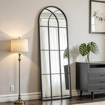 Rowjut Black Arched Wall Mirror 56“ x 22”,Wall Decorative & Window Mirror with Iron Framed Window Pane Inspiration, Ideal for Foyer, Living Room, Bedroom & Fireplace to Create a Cozy Home!