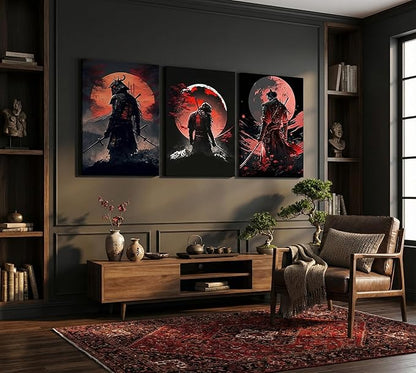 3pcs Japan Samurai Canvas Wall Art Japanese Style Full Moon Ninja Wall Decor Pictures Japanese Bushido Posters Prints Paintings for Living Room Bedroom Home Artwork Decoration Ready To Hang