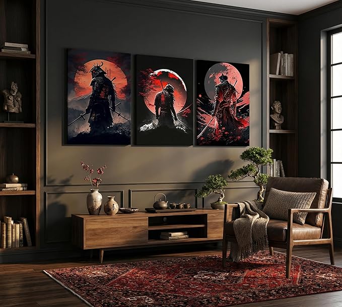 3pcs Japan Samurai Canvas Wall Art Japanese Bushido Posters Prints Paintings Japanese Style Full Moon Ninja Wall Decor Pictures for Living Room Bedroom Home Artwork Decoration Unframed