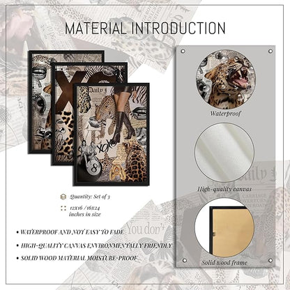 Framed Trendy Leopard Roar Canvas Wall Art Srt of 3, Fashion Stylish Cheetah Prints, Trendy Boots Poster, Aesthetic Fashion Wall Decor for Living Room Bedroom – Black Wooden Frame 12x16in
