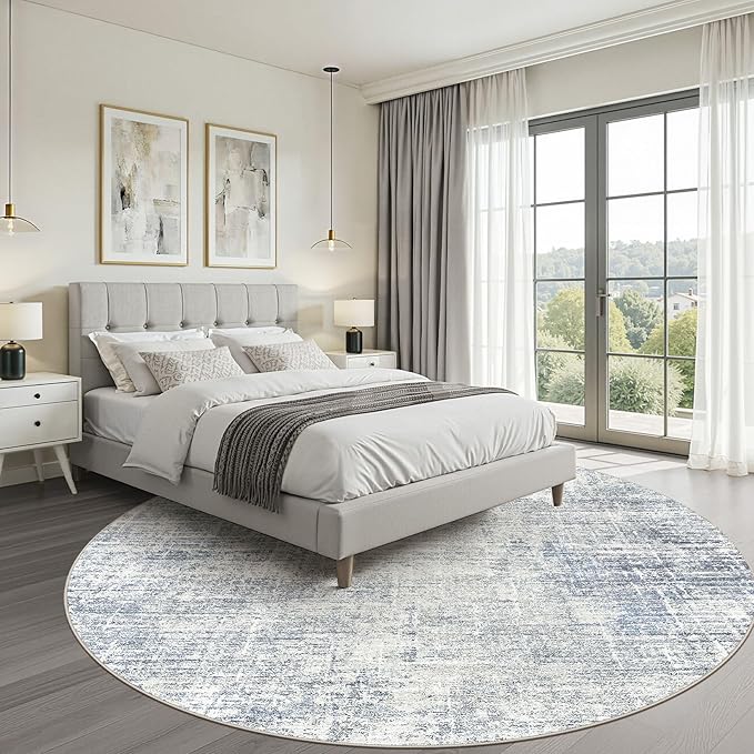 6ft Round Rug Living Room: 6x6 Washable Large Neutral Blue Circle Area Rug Abstract Soft Modern Stain Resistant Indoor Floor Non-Slip Carpet for Bedroom Nursery Kids Office Playroom Dining Room
