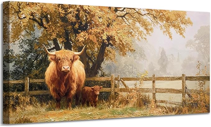 Ardemy Highland Cow Wall Art Mother and Baby Hand-painted Texture Canvas Painting 40"x20" Rustic Farmhouse Decor for Living Room Bedroom Home Office Animal Picture Artwork