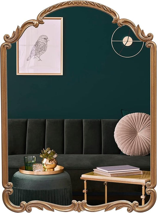 Wylde Iris English Estate Carved Arch Wood Wall Mirror, Mirror for Entryway, Living Room, Bathroom, Antique Gold, 22x30