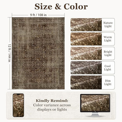 Dark Brown Large Area Rugs 9x12 Living Room, Aesthetic Distressed Big Rugs for Bedroom, Washable Non Slip Low Pile Carpet Rugs for Dining Table Family Room, Vintage Earth Tone Coffee Brown