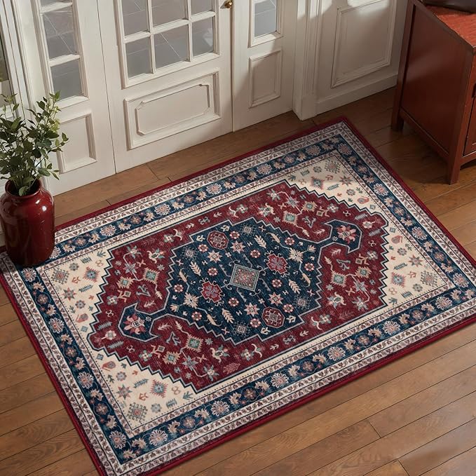 Tangsoo Vintage 2x3 Entry Rug,Washable Indoor Rug for Entryway,Non-Slip Small Throw Mat Soft Low Pile Door Carpet for Front Porch Entrance Kitchen Bathroom,Deep Red