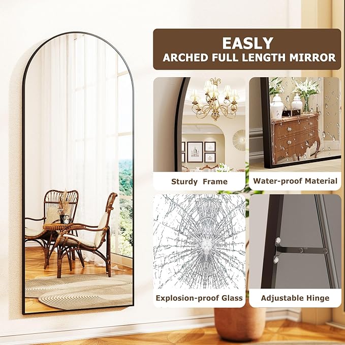 Easly Arched Full Length Mirror - 68" x 24" Large Floor Mirror Aluminum Frame Dressing Mirror with Stand for Bedroom/Living Room Wall Mounted