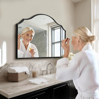 Besdomus Scalloped Arched Mirror for Vanity: 32"x24" Black Modern Minimalist Wooden Wall Mirror - Decorative Dresser Wall for Mantel/Bedroom/Entryway/Hallway - Ideal for 30-60 Age Fashion Women
