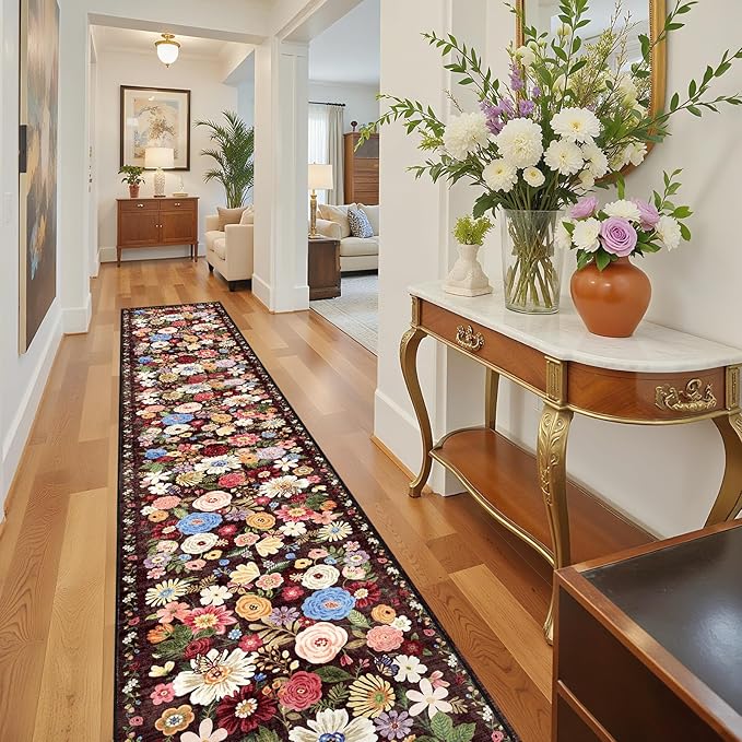 Floral Hallway Runner Rug Black/Brown Carpet Non-Slip, 2x10 Washable Ultra-Thin Soft for Hallways, Kitchen Mat Stain Resistant for Entryway Bathroom