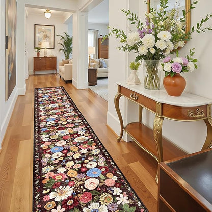 Floral Hallway Runner Rug Black/Brown Carpet Non-Slip, 2x10 Washable Ultra-Thin Soft for Hallways, Kitchen Mat Stain Resistant for Entryway Bathroom