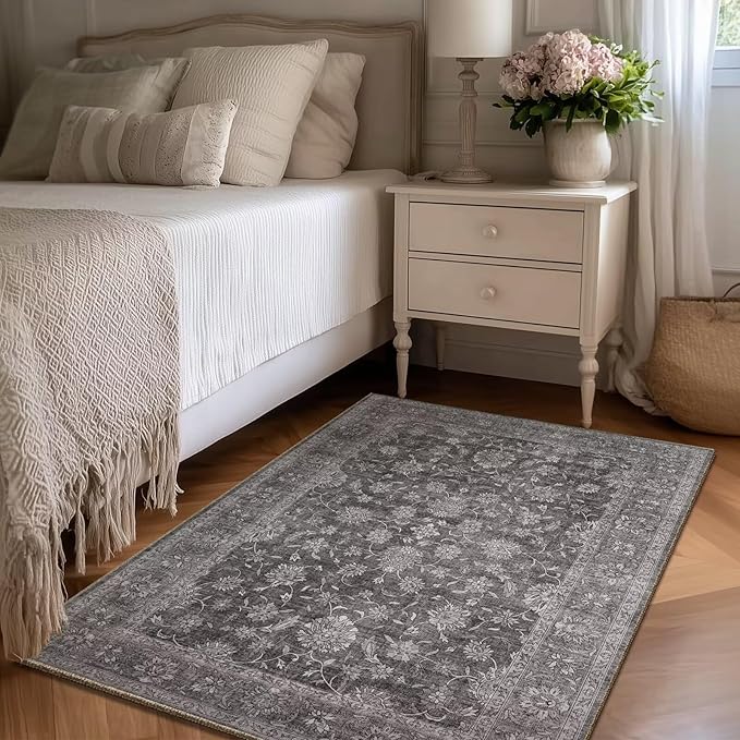 Washable 3x5 Entryway Rug, Boho Non-Slip Vintage Distress Small Rugs for Kitchen Nursery Office Bedroom, 0.3" Neutral Oriental Throw Thin Carpet with Cushioning Pad, Grey/Multi, E3