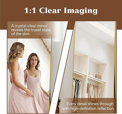 NARCISSUS 57x20 Mirror Door Hanging Full Length Body with Floor Stand or Wall Mounted Metal Aluminum Frame Tempered Glass Rectangle Mirrors for Bedroom Dressing Living Room Bathroom 57 inch Gold