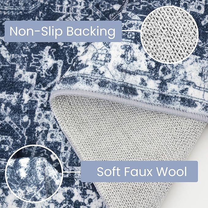 KOZYFLY Boho Area Rug 3x5 Ft Rugs for Entryway Washable Entry Rug Non Slip Door Mat Indoor Entrance Printed Faux Wool Throw Rugs for Entrance Kitchen Living Room, Navy/Grey