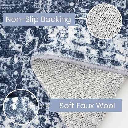 KOZYFLY Boho Area Rug 3x5 Ft Rugs for Entryway Washable Entry Rug Non Slip Door Mat Indoor Entrance Printed Faux Wool Throw Rugs for Entrance Kitchen Living Room, Navy/Grey